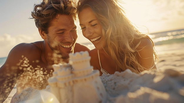 Couple working together to build an intricate sandcastle Summer vacation time