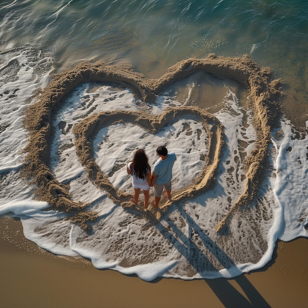 A couple writing a love message in beach sand