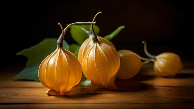 a couple of yellow fruits sitting on top of a wooden table