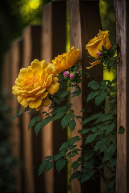 Couple of yellow roses sitting on top of a wooden fence generative ai