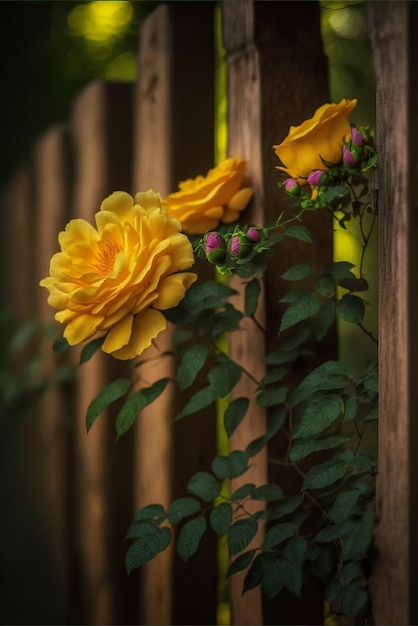 Couple of yellow roses sitting on top of a wooden fence generative ai