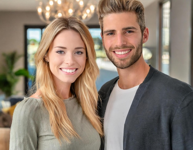 couple young cheerful joy through an embrace in home interior