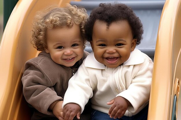 Photo a couple of young children sitting on top of a slide