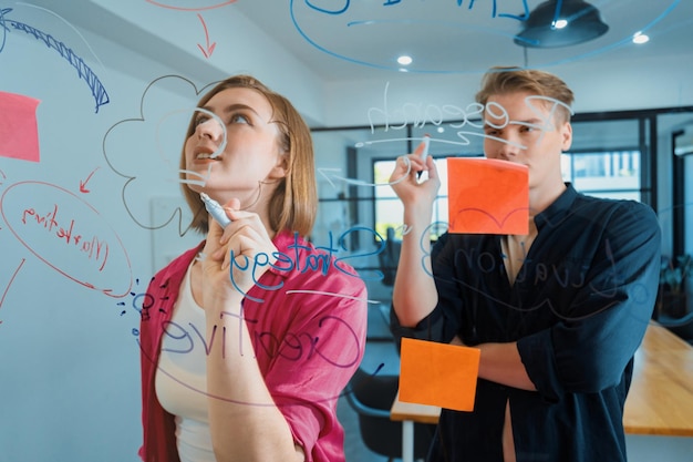 Couple of young creative start up business people brainstorming idea and solving problems by using sticky note and mind map at glass board meeting room discussing working together Immaculate