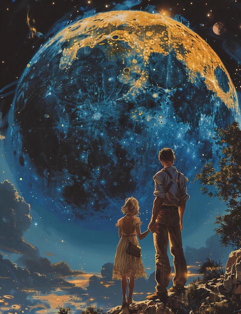 couple of young lovers on a background of the moon