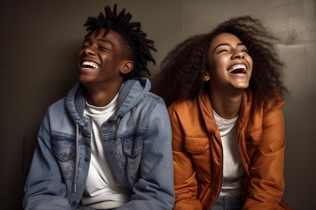 a couple of young men are sitting together and laughing.