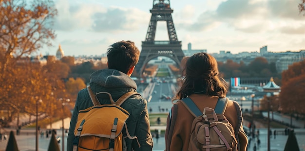エッフェル塔を背景にしたパリの若いカップル