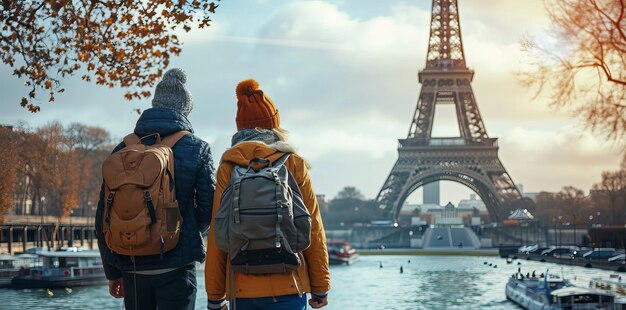 Photo couple of young people in paris with the eiffel tower in the background