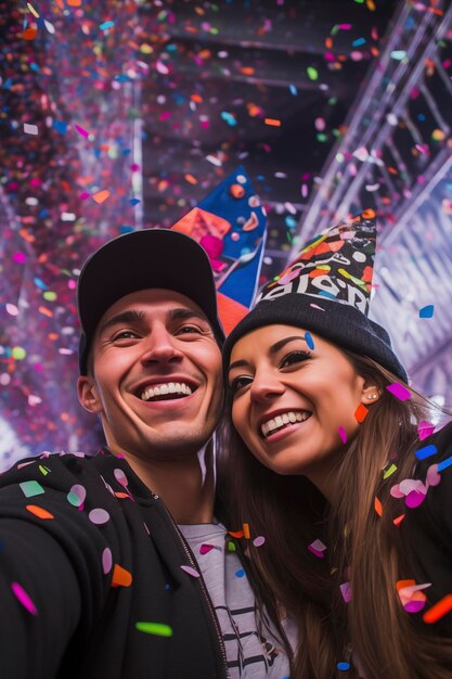 Couple of young people smiling and taking selfies happily Engaged couples celebrate and take photos surrounded by confetti Celebration and event conceptxA