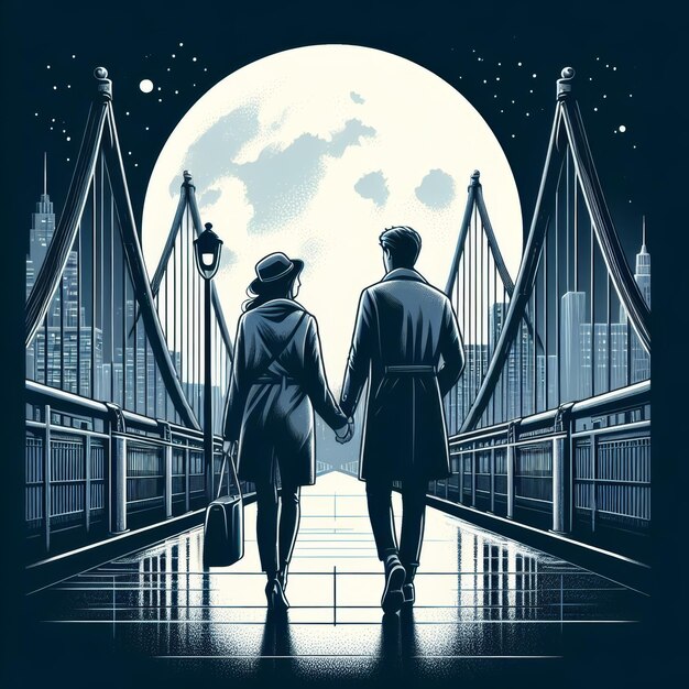 写真 couple39s moonlight stroll on bridge with city skyline (カップル39の月光で橋を散歩し街のスカイラインを眺めているカップル39)