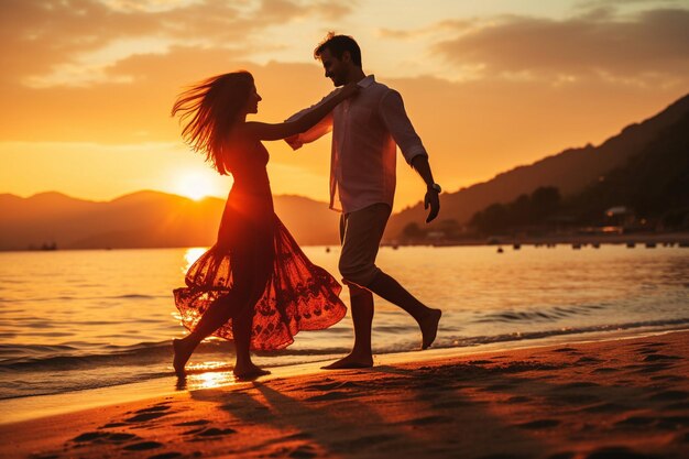 Couples dancing barefoot on the beach at sunset