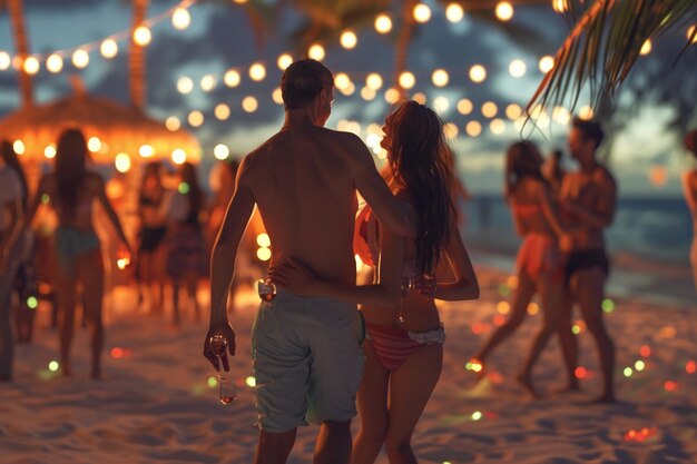 Couples dancing barefoot in the sand at a beachfro