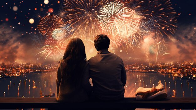 Photo couples enjoying fireworks on new year