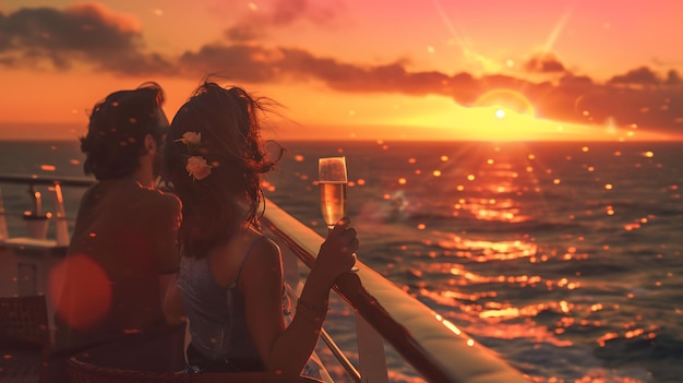 Photo couples enjoying a romantic sunset cruise along a picturesqu neighbor holiday creative background