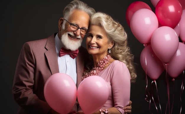 Couples grandparents holding pink heart balloons in portrait