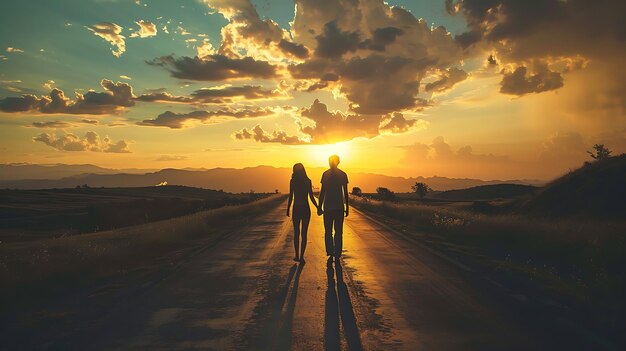 Photo couples handonhand each other while watching the sunset the last hug before separation