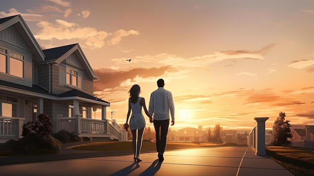 couples in houses near sunset walking at home