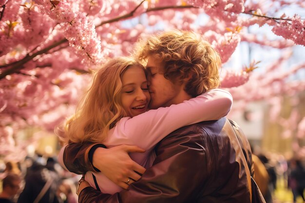 Photo couples hugging at a springtime festival