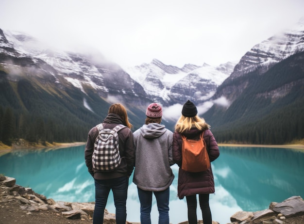 Photo couples looking at a lake in the mountains