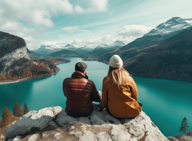 Couples looking at a lake in the mountains