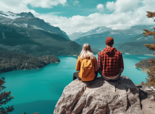 Couples looking at a lake in the mountains