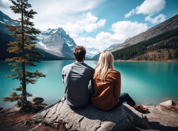 Couples looking at a lake in the mountains