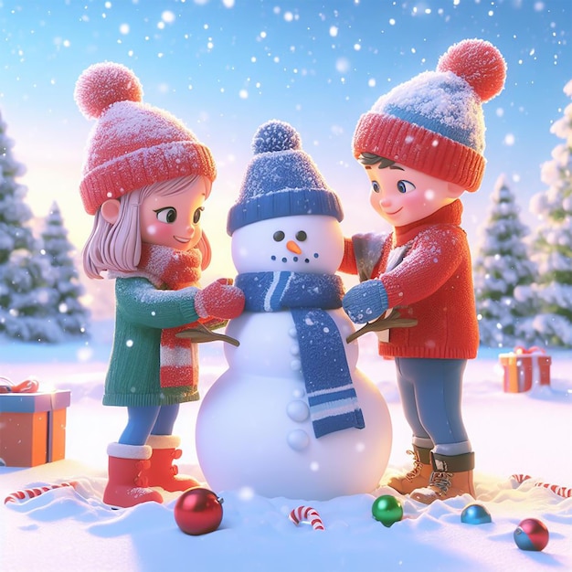 couples play and make snowmen at christmas and winter with children's 3D style