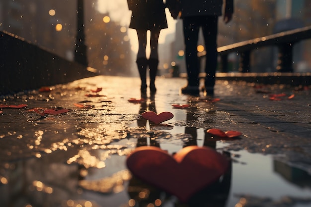 Photo a couples reflection in a rainsoaked sidewalk with 00074 01