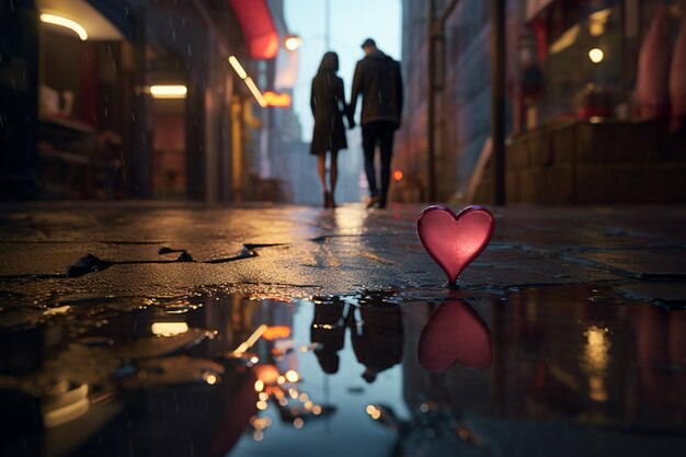 Photo a couples reflection in a rainsoaked sidewalk with 00079 03