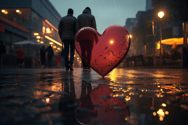 Foto una coppia riflessa su un marciapiede bagnato dalla pioggia con 00082 03