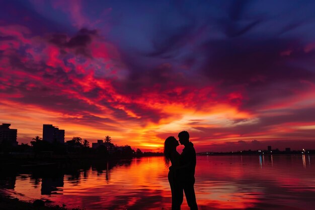 Photo a couples silhouette against the backdrop of a fiery sunset