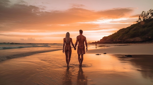 Couples stroll along the beach bathed in the warm glow of a mesmerizing sunset With the sand beneath their feet and the gentle breeze in their hair Generated by AI