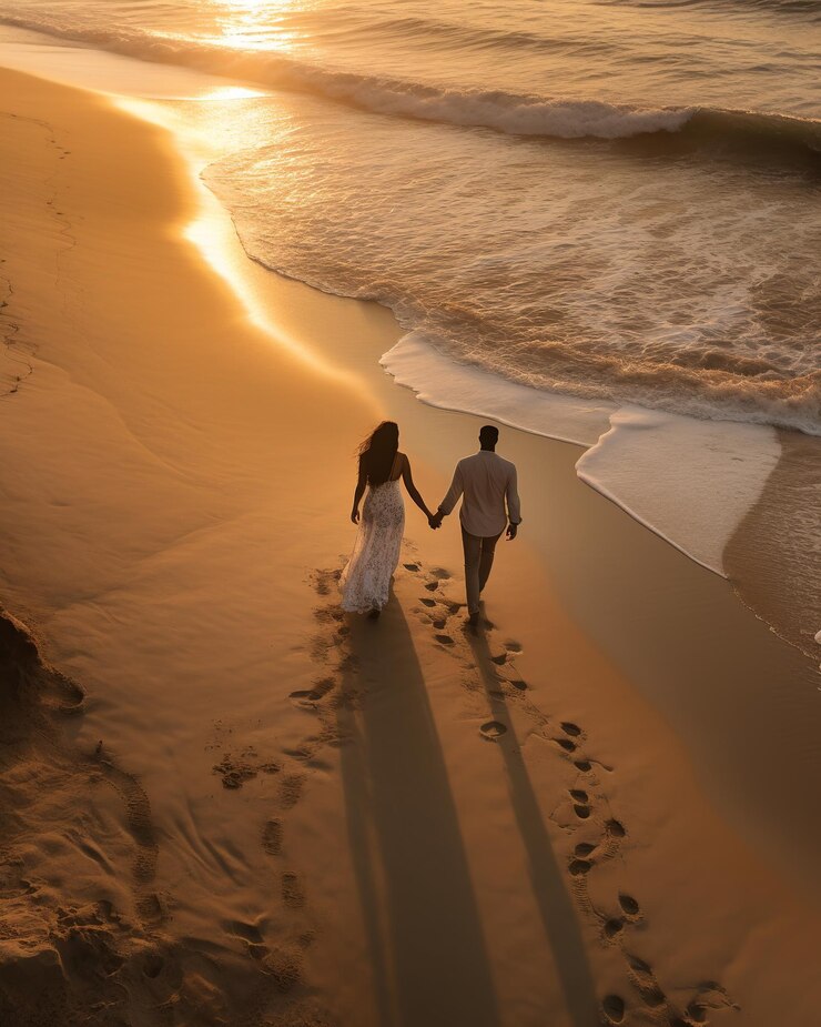 Couples Sunset Beach Stroll High Angle Perspective