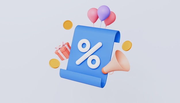 coupon with party popper and gift box online holiday sale for various discounts 3d illustration