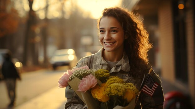 Courageous female american soldier returning home from the army