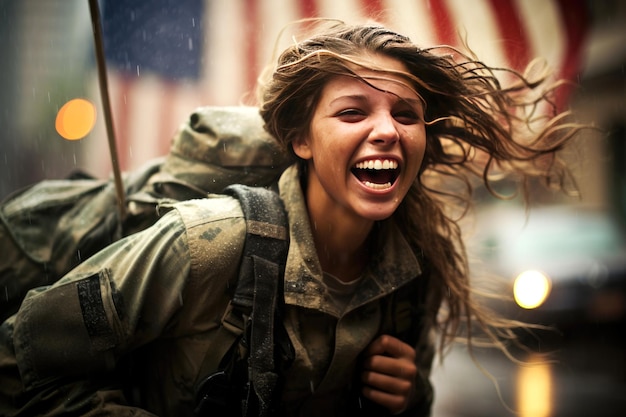 Courageous female american soldier returning home from the army