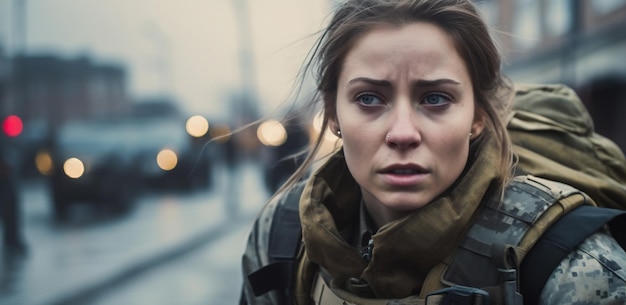 Courageous female soldier returning home from the army