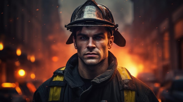 Смелый пожарный на фоне горящего здания Портрет спасателя