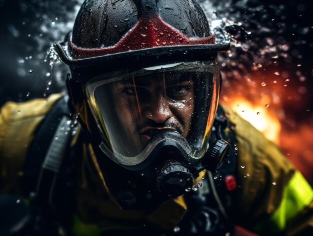 Photo courageous male firefighter fearlessly confronts the blazing inferno