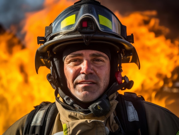 Courageous male firefighter fearlessly confronts the blazing inferno