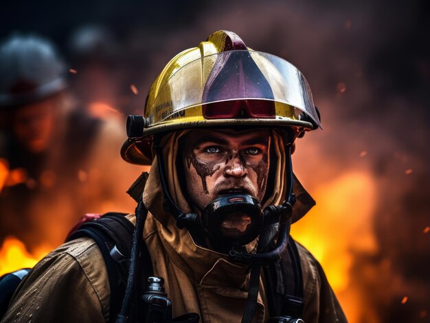 Courageous male firefighter fearlessly confronts the blazing inferno