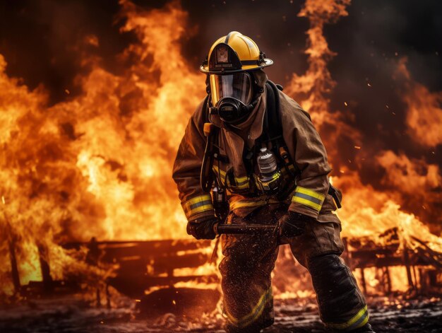 Courageous male firefighter fearlessly confronts the blazing inferno