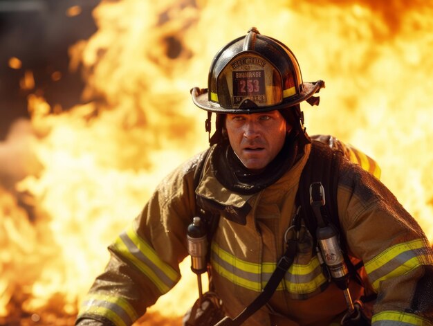 Courageous male firefighter fearlessly confronts the blazing inferno