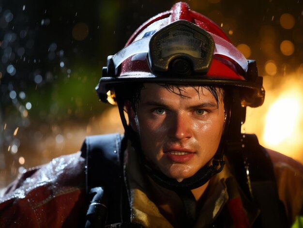 Фото Мужественный мужчина-пожарный бесстрашно противостоит пылающему аду