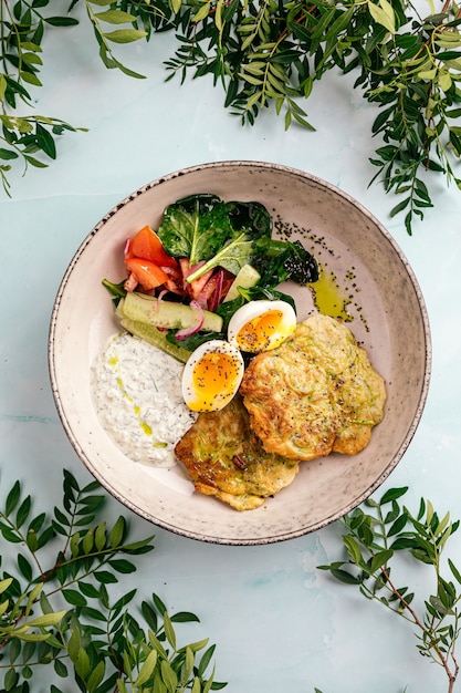 Courgette beignets met eiersauzen en groenten