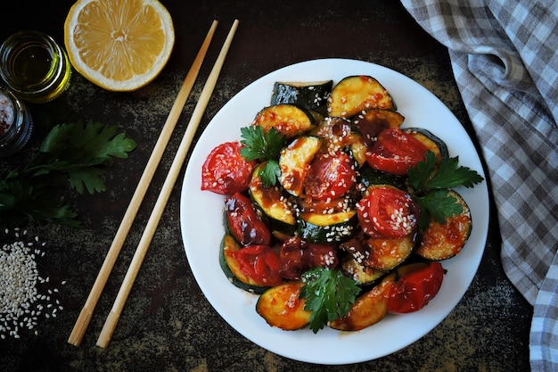 Courgette met groenten op een bord