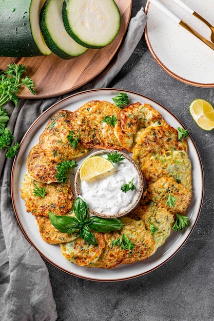 Courgette pannenkoeken met kruiden en zure room op een plaat bovenaanzicht verticale foto vegetarische schotel