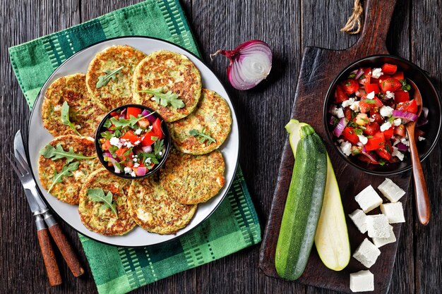 Courgettebeignets met dille geserveerd met verse feta-kaas-tomatensalade op een bord op een houten tafel, horizontaal uitzicht van bovenaf, plat gelegd