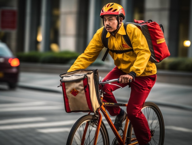 Foto consegnatore di corriere in bicicletta con scatola di pacchi