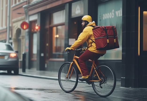 Foto consegnatore di corriere in bicicletta con scatola di pacchi